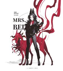Rule 34 | 1girl, absurdres, animal ears, bell (crrn), black hair, black suit, business suit, formal clothes, high heels, highres, long hair, looking at viewer, monster, moroo, original, pale skin, rabbit ears, red eyes, suit, tentacles