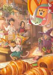 2boys 3girls :d absurdres animal_ears apron basket black_hair blonde_hair bow bread brown_eyes brown_hair cafe cat_ears cat_tail clock closed_eyes fang food fruit grey_hair hat highres holding indoors lantern long_hair long_sleeves multicolored_hair multiple_boys multiple_girls old open_mouth original pink_hair plate school_uniform short_hair sitting skirt smile stool table tail wide_sleeves witch witch_hat yukoiwase
