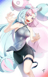 Rule 34 | 1girl, :d, aqua hair, bare arms, bike shorts, blurry, blush, breasts, cameltoe, character hair ornament, commentary request, eyelashes, grey pantyhose, grey shirt, hair ornament, highres, iono (pokemon), long hair, medium breasts, nail polish, nintendo, open mouth, pantyhose, pink hair, pokemon, pokemon sv, purple eyes, semino hazuki, sharp teeth, shirt, single leg pantyhose, sleeveless, sleeveless shirt, smile, solo, teeth, thigh strap, tongue, twintails