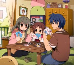 Rule 34 | 1boy, 2girls, bendedede, brown dress, brown eyes, brown shirt, card, clannad, dango daikazoku, drawer, dress, furukawa nagisa, highres, ibuki fuuko, kirby, kirby (series), long hair, multiple girls, nintendo, okazaki ushio, old maid, pink sweater, playing card, playing games, railing, sakagami tomoyo, shirt, short hair, starfish, stuffed toy, sweater, table, television