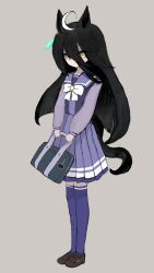 1girl absurdres animal_ears anoneno_ne bag black_hair bow bowtie brown_shoes ear_tag earrings grey_background hair_between_eyes highres holding holding_bag horse_ears horse_girl horse_tail jewelry long_bangs long_hair long_hair_between_eyes long_sleeves manhattan_cafe_(umamusume) pleated_skirt purple_sailor_collar purple_shirt purple_skirt purple_thighhighs sailor_collar school_bag school_uniform shirt shirt_tucked_in shoes simple_background single_earring skirt solo tail thighhighs tracen_school_uniform umamusume very_long_hair white_bow white_bowtie yellow_eyes