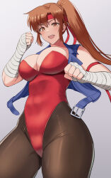 1girl absurdres breakers breasts brown_eyes brown_hair cleavage clenched_hands fighting_stance heaband highres jacket large_breasts legs leotard looking_at_viewer open_clothes open_jacket open_mouth pantyhose ponytail smile solo thick_thighs thighs tia_langray wide_hips