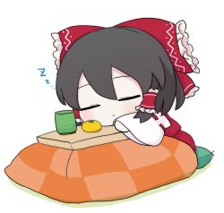 1girl bow brown_hair chibi closed_eyes commentary_request cup cushion detached_sleeves food fruit fumo_(doll) hair_bow hair_tubes hakurei_reimu highres kotatsu long_sleeves mandarin_orange rei_(tonbo0430) sleeping solo table touhou zzz
