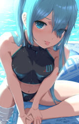 Rule 34 | 1girl, alternate costume, alternate hairstyle, aqua eyes, aqua hair, bare shoulders, bikini, black bikini, breasts, collarbone, hair between eyes, hand on own ankle, hatsune miku, highres, long hair, medium breasts, midriff, navel, number tattoo, open mouth, sitting, stomach, swimsuit, tattoo, tongue, tongue out, twintails, very long hair, vocaloid, yukichi (yu-ame)