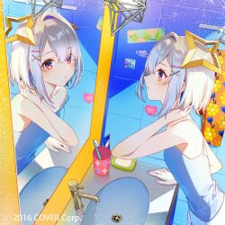 1girl amane_kanata bar_soap bare_shoulders bathroom blue_hair bob_cut camisole colored_inner_hair commentary_request copyright_notice different_reflection flat_chest grey_hair hair_ornament hair_over_one_eye hairclip halo hand_up hololive indoors looking_at_mirror looking_at_viewer mirror multicolored_hair official_art pink_hair purple_eyes reflection short_hair single_hair_intake sink solo star_halo streaked_hair tile_wall tiles tomari_(veryberry00) toothbrush virtual_youtuber white_camisole x_hair_ornament