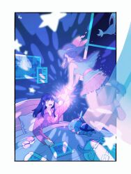 2girls alternate_costume bag bed black_hair book border breast_pocket collared_shirt commentary cresselia curtains dawn_(pokemon) dawn_(sygna_suit)_(pokemon) duffel_bag gen_4_pokemon highres holding_hands indoors legendary_pokemon long_hair looking_up map multiple_girls nintendo official_alternate_costume omyo_(myomyomyo22) open_mouth paper pillow pocket poke_ball pokemon pokemon_(creature) pokemon_masters_ex shirt sidelocks star_(symbol) turtwig under_covers white_border