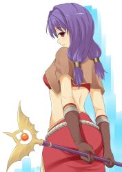 1girl arms_behind_back back bikini bikini_top_only blush brown_capelet brown_gloves capelet closed_mouth commentary_request cowboy_shot elbow_gloves from_behind gloves highres holding holding_staff kurohachiboku long_hair looking_at_viewer looking_back mage_(ragnarok_online) orange_eyes purple_hair ragnarok_online red_bikini red_skirt simple_background skirt smile solo staff swimsuit white_background
