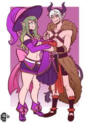 1boy 1girl absurdres bare_pectorals boots brown_capelet cape capelet couple demon_boy dorcas_(fire_emblem) dorcas_(halloween)_(fire_emblem) eating fire_emblem fire_emblem_awakening fire_emblem_heroes flat_color full_body green_eyes green_hair highres horns male_robin_(fire_emblem) nintendo nowi_(eternal_witch)_(fire_emblem) nowi_(fire_emblem) pectorals pink_boots pink_legwear pointy_ears ponytail scruffyturtles short_shorts shorts tiara tiki_(fire_emblem) white_hair
