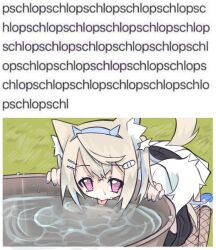 1girl absurdres animal_ear_fluff animal_ears artist_name bandaid bandaid_hair_ornament blonde_hair blue_hair blue_hairband blue_nails bucket commentary dog_ears dog_girl dog_tail drinking english_commentary feral_instincts fishnet_thighhighs fishnets fur-trimmed_jacket fur_trim fuwawa_abyssgard hair_ornament hairband highres hololive hololive_english horn_hairband jacket jpeg_artifacts_on_purpose kneeling l0vell long_hair long_sleeves meme multicolored_hair outdoors pink_eyes reflection skirt solo streaked_hair tail thighhighs tongue tongue_out two-tone_hair virtual_youtuber water white_skirt