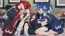 2girls :p absurdres bag_of_chips barefoot black_bra black_shorts black_skirt blue_hair blue_shrug bra closed_mouth commission controller cookie cup dolphin_shorts drink drinking_glass drinking_straw fangs food game_controller glasses green_eyes hair_over_one_eye headphones headphones_around_neck highres holding holding_controller holding_game_controller indoors inkling inkling_girl inkling_player_character long_hair long_sleeves loose_socks medium_hair midriff multiple_girls navel nintendo one_eye_covered open_mouth parted_bangs playing_games pointy_ears prat_rat red_hair semi-rimless_eyewear shirt shorts sitting skirt smile socks splatoon_(series) stuffed_animal stuffed_bird stuffed_squid stuffed_toy table tentacle_hair tongue tongue_out two_side_up under-rim_eyewear underwear very_long_hair watermark watermark_grid white-framed_eyewear white_shirt white_socks wide_sleeves yellow_eyes