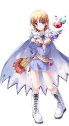1girl alchemist_(ragnarok_online) blonde_hair blue_cape blue_dress blue_gloves blush boots breasts cape closed_mouth dress elbow_gloves fingerless_gloves flask folding_fan frown full_body fur_collar gloves hand_fan holding holding_fan large_variant_set looking_at_viewer medium_breasts medium_hair miyase_mahiro official_art potion purple_eyes ragnarok:_guild_masters ragnarok_online round-bottom_flask short_dress simple_background solo standing strapless strapless_dress transparent_background variant_set white_boots