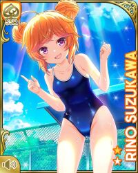 1girl :d ahoge alternate_hairstyle barefoot blue_one-piece_swimsuit braid brown_hair card_(medium) chain-link_fence character_name competition_swimsuit day double_bun fence girlfriend_(kari) hair_bun hair_ribbon official_art one-piece_swimsuit open_mouth outdoors purple_eyes qp:flapper ribbon school smile solo suzukawa_rino swimsuit twin_braids