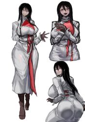 1girl 2024 arm_behind_back arm_up ass black_eyes black_hair boots breasts brown_boots brown_gloves coat collarbone commentary curvy dress english_commentary female_focus from_behind full_body gloves half-closed_eyes head_tilt highres how_to_date_an_entity_(and_stay_alive) huge_ass huge_breasts long_coat long_hair looking_at_viewer looking_back mrs._(how_to_date_an_entity) multiple_expressions multiple_views original pale_skin sfour_s4 sideboob simple_background smile straight_hair thick_thighs thighs variant_set white_background white_coat white_dress