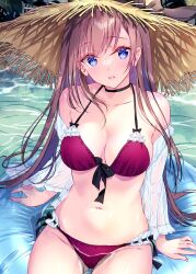 1girl bare_shoulders bikini black_choker blonde_hair blue_eyes blush bow breasts choker cleavage detached_sleeves hat innertube kobayashi_chisato large_breasts long_hair looking_at_viewer medium_breasts navel open_mouth original red_bikini smile solo stomach straw_hat swim_ring swimsuit water