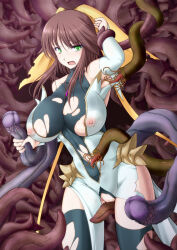 1girl black_thighhighs bodysuit breasts brown_hair covered_erect_nipples green_eyes hair_ribbon hassen_(8cm) huge_breasts imminent_rape jewelry kagano_megu large_breasts long_hair mahou_shoujo_ai necklace nipples open_mouth pussy ribbon see-through_clothes solo tentacles thighhighs torn_clothes torn_thighhighs uncensored
