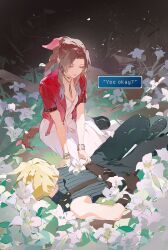 Rule 34 | 1boy, 1girl, aerith gainsborough, black pants, black shoes, blonde hair, braid, breasts, brown gloves, closed eyes, closed mouth, cloud strife, dialogue box, dress, field, final fantasy, final fantasy vii, flower, flower field, gloves, highres, jacket, long hair, lying, on back, pants, pink dress, red jacket, shoes, sitting, sleeveless, sleeveless turtleneck, small breasts, smile, spiked hair, sweater, turtleneck, turtleneck sweater, twin braids, yueko (jiayue wu)