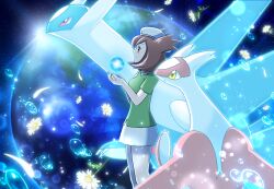 1girl beret bianca_(pokemon_heroes) brown_hair commentary_request cupping_hands energy_ball flower flower_head from_side gen_3_pokemon green_shirt hands_up hat latias latios legendary_pokemon maiko_(mimi) nintendo own_hands_together pokemon pokemon_(anime) pokemon_(classic_anime) pokemon_(creature) pokemon_heroes:_latios_&amp;_latias shirt short_sleeves skirt two_side_up water_drop white_flower yellow_eyes
