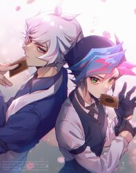 2boys adjusting_clothes adjusting_gloves antenna_hair back-to-back black_gloves black_necktie black_shirt black_vest blue_eyes blue_hair card card_in_mouth colored_bangs cross_tie dappled_sunlight dress_shirt facing_to_the_side falling_petals finger_to_own_chin formal_clothes fujiki_yusaku gloves green_eyes half-closed_eyes hands_up highres holding holding_card kogami_ryoken light_particles looking_to_the_side male_focus mouth_hold multiple_boys necktie open_hand outdoors pants petals poker_chip putting_on_gloves ryo_(screw) shirt spiked_hair sunlight vest waistcoat watermark white_background white_hair white_pants white_shirt white_vest yu-gi-oh! yu-gi-oh!_vrains