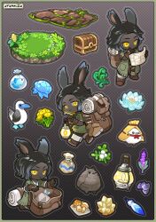 1other animal_ears bag bagged_fish black_hair black_skin boots brown_bag brown_boots character_request closed_mouth colored_skin dandelion feathers final_fantasy final_fantasy_xiv fish flaw_eight flower full_body green_jacket highres jacket jellyfish looking_at_viewer lotus multiple_views plant purple_flower rabbit_ears short_hair smile treasure_chest white_flower yellow_eyes yellow_flower