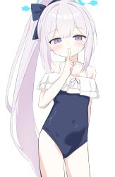 1girl absurdres blue_archive blue_halo blue_one-piece_swimsuit covered_navel frilled_one-piece_swimsuit frills halo highres miyako_(blue_archive) miyako_(swimsuit)_(blue_archive) off-shoulder_one-piece_swimsuit off_shoulder one-piece_swimsuit swimsuit two-tone_one-piece_swimsuit user_yths2234