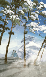 2girls black_hair blue_sky cape chinese_clothes facing_away from_behind fur-trimmed_cape fur_trim hair_bun hanfu highres ibuki_satsuki long_sleeves mountainous_horizon multiple_girls original outdoors scenery sky snow snowing snowscape tree winter