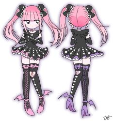 1girl black_bow black_dress black_eyes black_gloves blunt_bangs bow bow_choker choker closed_mouth dress earrings elbow_gloves ezaki_bisuko frilled_bow frilled_dress frills from_behind gloves high_heels highres jewelry jitome light_blush long_hair looking_to_the_side menhera-chan_(ezaki_bisuko) menhera-chan_(ezaki_bisuko)_(character) multiple_views outer_glow purple_choker sidelocks signature simple_background solo thighhighs twintails white_background