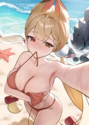 Rule 34 | absurdres, alice thymefield, animal ears, armpits, beach, bikini, blonde hair, breasts, day, hair ornament, heterochromia, highres, low twintails, myumyu431, ocean, orange bikini, orange eyes, pom pom (clothes), pom pom hair ornament, sand, selfie, sphere hair ornament, starfish, swimsuit, twintails, water, zenless zone zero
