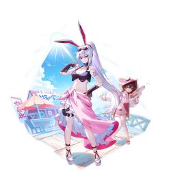 2girls alternate_costume alternate_hairstyle animal_ears armlet belt bikini black_bikini breasts carrot carrot_necklace chair cleavage closed_mouth cloud collarbone crescent crescent_pin day ears_through_hood game_cg grey_hair highres hood inaba_tewi jewelry long_sleeves looking_at_viewer multiple_girls navel necklace official_art outdoors pendant pink_sarong pink_shorts ponytail rabbit_ears red_eyes reisen_udongein_inaba sarong shop shorts smile stomach sun swimsuit table thigh_belt thigh_strap third-party_source touhou touhou_gensou_eclipse translation_request transparent_background u_u_zan umbrella water_gun