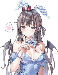 1girl animal_ears bare_shoulders black_hair breasts cleavage closed_mouth fake_animal_ears fake_wings highres index_finger_raised long_hair looking_at_viewer medium_breasts momoko_(momopoco) simple_background smile solo suou_yuki tokidoki_bosotto_roshia-go_de_dereru_tonari_no_alya-san upper_body white_background wings