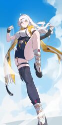 1girl absurdres black_gloves breasts gloves high-waist_shorts highres honey_boba long_hair shoes shorts sideboob single_thighhigh solo standing standing_on_one_leg thighhighs vest white_hair yellow_eyes yellow_vest yi_xuan_(zenless_zone_zero) zenless_zone_zero