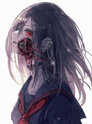 1girl =_hair_ornament black_choker black_sailor_collar black_serafuku blood blood_on_face blouse choker commentary ear_piercing earrings facing_up fang from_above gorezono_neo_(yu-ki_iwata) guro highres jaw jewelry long_sleeves looking_at_viewer looking_to_the_side medium_hair neckerchief open_mouth original piercing profile purple_hair red_eyes red_neckerchief sailor_collar school_uniform serafuku shirt simple_background solo teeth white_background yu-ki_iwata