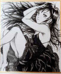 Rule 34 | 1girl, armpit peek, bare arms, bare legs, breasts, closed mouth, commentary request, dress, eyelashes, foot out of frame, greyscale, hair spread out, hands on own head, hands up, light frown, long hair, looking at viewer, lying, makomako1061, medium breasts, monochrome, nightgown, no bra, on side, original, pen (medium), photo (medium), shikishi, short dress, sleepwear, sleeveless, sleeveless dress, solo, thighs, traditional media