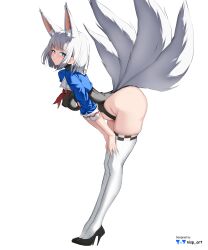 1girl absurdres animal_ears ass azur_lane bent_over black_leotard blue_eyes blue_shrug blush breasts eyeshadow fox_ears fox_girl fox_tail from_side full_body hands_on_own_thighs high_heels highleg highleg_leotard highres kaga_(azur_lane) kitsune legs leotard looking_at_viewer looking_back makeup medium_breasts medium_hair midriff multiple_tails neckerchief nisp_art red_eyeshadow red_neckerchief skin_tight smile solo standing tail thighhighs thighs white_hair