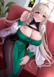 1girl ahoge andrea_doria_(azur_lane) azur_lane black_pantyhose breasts cleavage cleavage_cutout closed_mouth clothing_cutout cotton_swab couch covered_navel crossed_bangs dress drill_hair green_dress hair_between_eyes hand_up highres holding_cotton_swab holding_mimikaki indoors large_breasts light_blush light_brown_hair long_hair long_sleeves looking_at_viewer manjuu_(azur_lane) mimikaki on_couch pantyhose pelvic_curtain pink_nails smile twin_drills wee_(weeyy) yellow_eyes