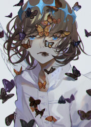 Rule 34 | 1boy, absurdres, arthropod boy, blue eyes, bug, butterfly, cape, closed mouth, commentary request, crown, diamond hairband, fate/grand order, fate (series), fur-trimmed cape, fur trim, grey hair, highres, insect, insect wings, long hair, long sleeves, looking at viewer, male focus, oberon (fate), oberon (third ascension) (fate), parai0, shirt, solo, spoilers, too many, too many butterflies, upper body, wings