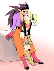 1boy 1girl arm_support asuka_(pixiv3381855) backpack bag belt black_belt black_ribbon black_shirt blonde_hair boots brown_boots brown_gloves brown_hair closed_eyes commentary_request couple dark-skinned_male dark_skin dragon_quest dragon_quest_builders_2 dress earrings female_builder_(dqb2) fringe_trim gloves gradient_background grin hair_horns hair_pulled_back hair_ribbon hetero high-waist_pants hoop_earrings jewelry leaning_on_person long_hair low_ponytail neckerchief necklace orange_pants pants pink_background pointy_ears ponytail purple_shirt red_boots red_dress red_gloves ribbon shirt shirt_under_dress sidoh_(dqb2) silver_earrings smile spiked_hair tooth_necklace twintails two-tone_dress white_background white_dress yellow_neckerchief