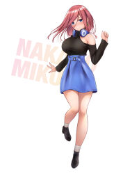 1girl absurdres alternate_costume black_shoes blue_eyes blue_skirt blush breasts character_name closed_mouth commentary earrings full_body go-toubun_no_hanayome hair_between_eyes headphones headphones_around_neck highres jewelry kannko_bokujou large_breasts legs long_hair looking_at_viewer nakano_miku pink_hair revision shoes simple_background skirt socks solo standing thighs white_background