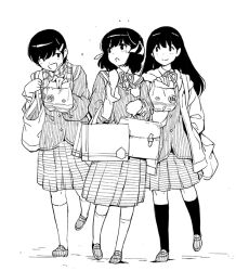 Rule 34 | 3girls, bag, black socks, commentary request, elbow carry, greyscale, hair ornament, hair ribbon, hairclip, hand in pocket, hand up, holding, holding bag, hood, hooded jacket, jacket, kami nomi zo shiru sekai, kosaka chihiro, long hair, long sleeves, looking at another, monochrome, multiple girls, neck ribbon, open clothes, open jacket, open mouth, plaid clothes, plaid scarf, pleated skirt, ribbon, scarf, school bag, school uniform, shiomiya shiori, shoes, shopping bag, short hair, simple background, skirt, smile, socks, swept bangs, terada miyako, tote bag, wakaki tamiki, white socks