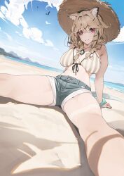 1girl animal_ear_fluff animal_ears arknights arm_support bare_arms bare_legs bare_shoulders beach bikini blonde_hair braid breasts closed_mouth cloud commentary foreshortening grey_shorts hair_between_eyes hair_ornament hairclip hat horizon jewelry kamameshi_gougoumaru large_breasts legs light_smile looking_at_viewer medium_hair navel official_alternate_costume on_ground pendant red_eyes short_shorts shorts sitting solo spread_legs straw_hat striped_bikini striped_clothes sun_hat sunlight swimsuit tan tanline thighs twin_braids utage_(arknights) utage_(summer_flowers)_(arknights) vertical-striped_bikini vertical-striped_clothes water white_bikini yellow_bikini yellow_hat