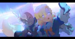 2boys animal_ears capelet coat commentary_request fangs fishee_(fisheem4mmal) grin highres jack_howl letterboxed long_hair male_focus medium_hair mittens multiple_boys outdoors purple_eyes short_hair smile snow tail twisted_wonderland upper_body vil_schoenheit white_hair wolf_boy wolf_ears wolf_tail