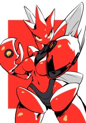 armor arthropod_girl black_skin breasts claws colored_skin gen_2_pokemon highres insect_wings looking_at_viewer mantis_girl medium_breasts navel nintendo pincers pokemon pokemon_(creature) red_skin scizor spikes thick_thighs thighs togetoge wide_hips wings yellow_eyes