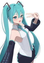 absurdres aqua_eyes aqua_hair aqua_nails aqua_necktie black_skirt black_sleeves collared_shirt commentary crossed_bangs detached_sleeves from_side funakinuta hair_intakes hatsune_miku highres long_hair long_sleeves nail_polish necktie number_tattoo open_mouth pleated_skirt reaching reaching_towards_viewer shirt shoulder_tattoo simple_background skirt sleeveless sleeveless_shirt symbol-only_commentary tattoo teeth twintails upper_body upper_teeth_only v very_long_hair vocaloid white_background white_shirt