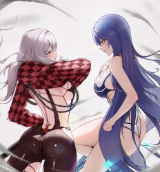 2girls absurdres ass body_chain bodysuit checkered_clothes checkered_shrug clothing_cutout elias2art goddess_of_victory:_nikke highres latex latex_bodysuit multiple_girls racer&#039;s_high_(stellar_blade) raven_(stellar_blade) red_shrug scarlet_(nikke) scarlet_(racer&#039;s_high)_(nikke) shift_up sideless_outfit stellar_blade thigh_cutout