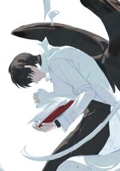 Rule 34 | 1boy, absurdres, bent over, black eyes, black hair, black pants, black wings, book, collared shirt, feathered wings, feet out of frame, from side, hair between eyes, highres, holding, holding book, kim dokja, long sleeves, male focus, omniscient reader&#039;s viewpoint, opening bottle, pants, papers, shirt, solo, tack ka 2 0, too many papers, upper body, white background, wings