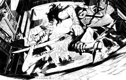 Rule 34 | 2boys, bad id, bad pixiv id, bandages, battle, chain, dutch angle, greyscale, high contrast, jimu kaji, kajimiya (kaji), male focus, monochrome, multiple boys, original, scabbard, sheath, sword, weapon