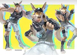 1boy animal_ears artist_name black_gloves black_hat claws colored_sclera commentary ear_piercing earrings english_commentary fingerless_gloves fortnite furry furry_male gloves hat headlamp jewelry koi_dance looking_at_viewer looking_to_the_side male_focus multiple_views pawpads piercing polarissketches shorts tail wendell_(fortnite) white_shorts wolf_boy wolf_ears wolf_tail yellow_sclera