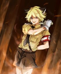 1boy alpachiiino animal_ears blonde_hair cat_boy cat_ears gloves hellsing knife nazi schroedinger_(hellsing) short_hair solo swastika