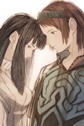 1boy 1girl black_hair brown_hair closed_mouth dress hair_ornament long_hair maeka_(kumaekake) mono_(shadow_of_the_colossus) poncho shadow_of_the_colossus simple_background surcoat wander_(shadow_of_the_colossus) white_background