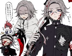 2boys ^_^ ahoge aotsuki_eito armband black_cape black_gloves black_hair black_jacket black_pants blood blood_in_hair blood_on_clothes blood_on_face blue_eyes buttons cape chibi chinese_text closed_eyes closed_mouth drawstring eyelashes finger_to_cheek gesshoku3 glasses gloves grey_armband grey_hair grey_jacket hand_on_own_chest highres holding holding_scythe hole_in_chest hole_on_body hood hood_down hooded_jacket hoodie jacket jacket_over_hoodie last_defense_academy_school_uniform long_sleeves male_focus multicolored_hair multiple_boys multiple_views open_clothes open_jacket open_mouth pants red_hair sanpaku school_uniform scythe semi-rimless_eyewear shaded_face short_hair sigh smile sumino_takumi sweat the_hundred_line_-last_defense_academy- two-tone_hair v-shaped_eyebrows white_gloves white_hoodie white_jacket