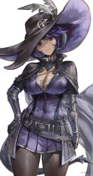 Rule 34 | 1girl, absurdres, atiarta7, au ra, black cloak, black pantyhose, breasts, cleavage, cloak, closed mouth, commentary, commission, cowboy shot, dragon girl, dragon tail, final fantasy, final fantasy xiv, gauntlets, hand on own hip, hat, highres, large breasts, looking at viewer, pantyhose, picture hat, pleated skirt, purple eyes, purple hair, scales, simple background, skirt, solo, tail, twitter username, warrior of light (ff14), white background, wide brim
